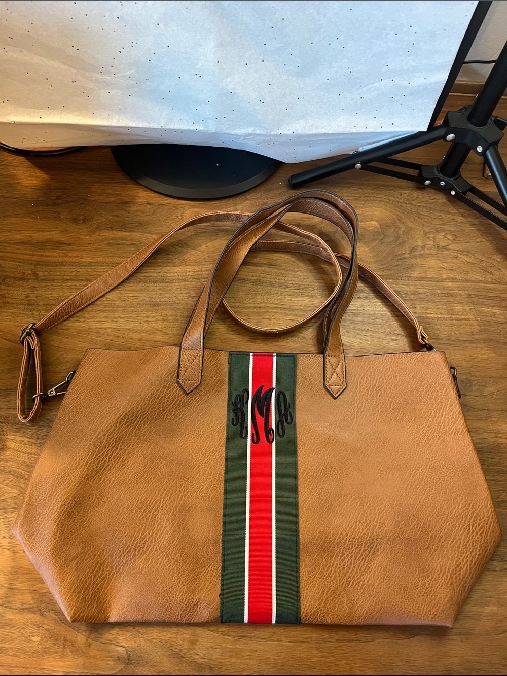 Tan Tote with Green and Red Center Stripe